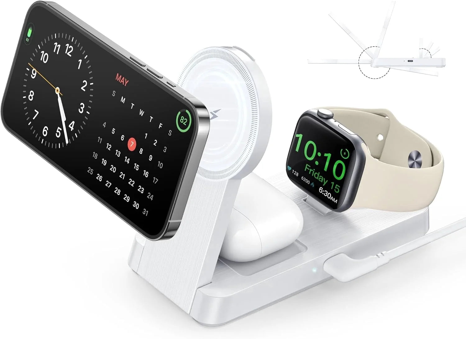 3 in 1 Charging Station - 2026 Foldable Wireless Charger Compatible for Iphone 17/16/15/14/13/12 plus Pro Max, Iwatch & Airpods, White