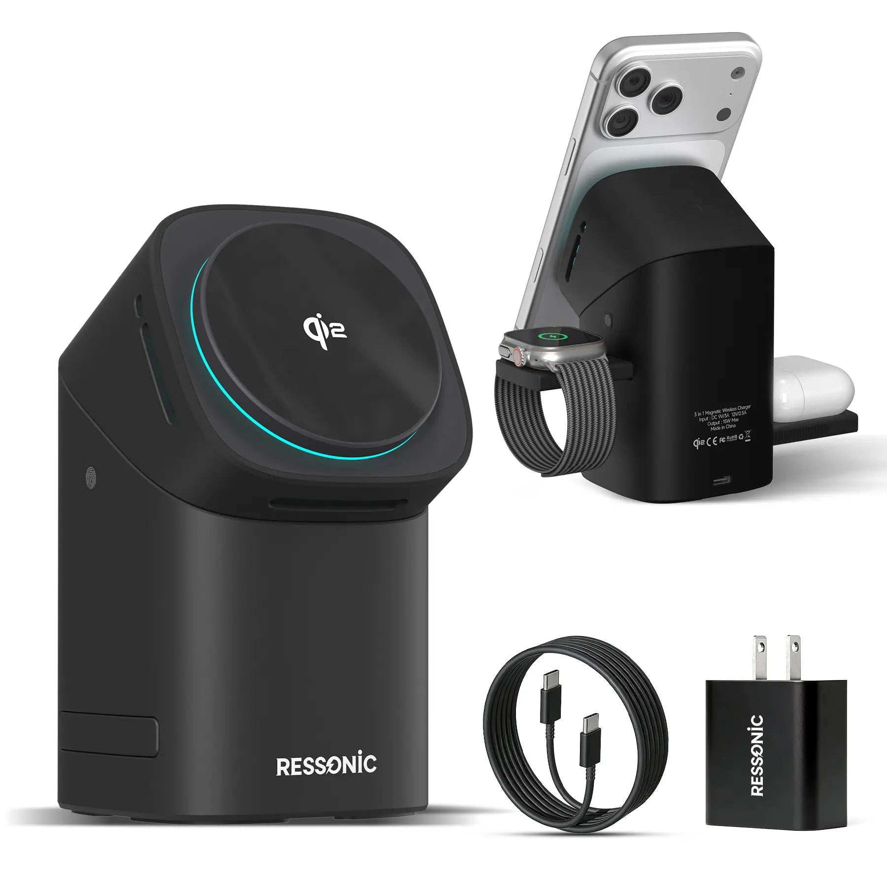 3 in 1 for Apple & Samsung Wireless Charger - Charging Station, Qi 2 Certified 15W Fast Magnetic Charger Stand with 30W Adapter for Magsafe Iphone 17/16/15/14/13/12 Pro Max, Airpods, Apple & Galaxy Watch