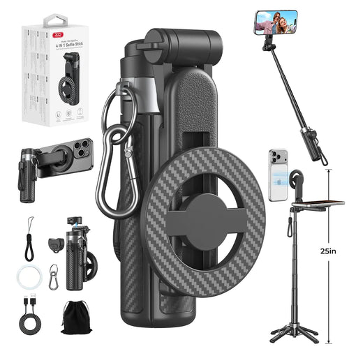 2026 Upgrated 4-In-1 Magnetic Selfie Stick with Remote for Cell Phone 360° Rotation.Can Transforms into Mini Tripod/Camera Grip/Handheld Stabilizer/Phone Stand.Extend to 25 Inches